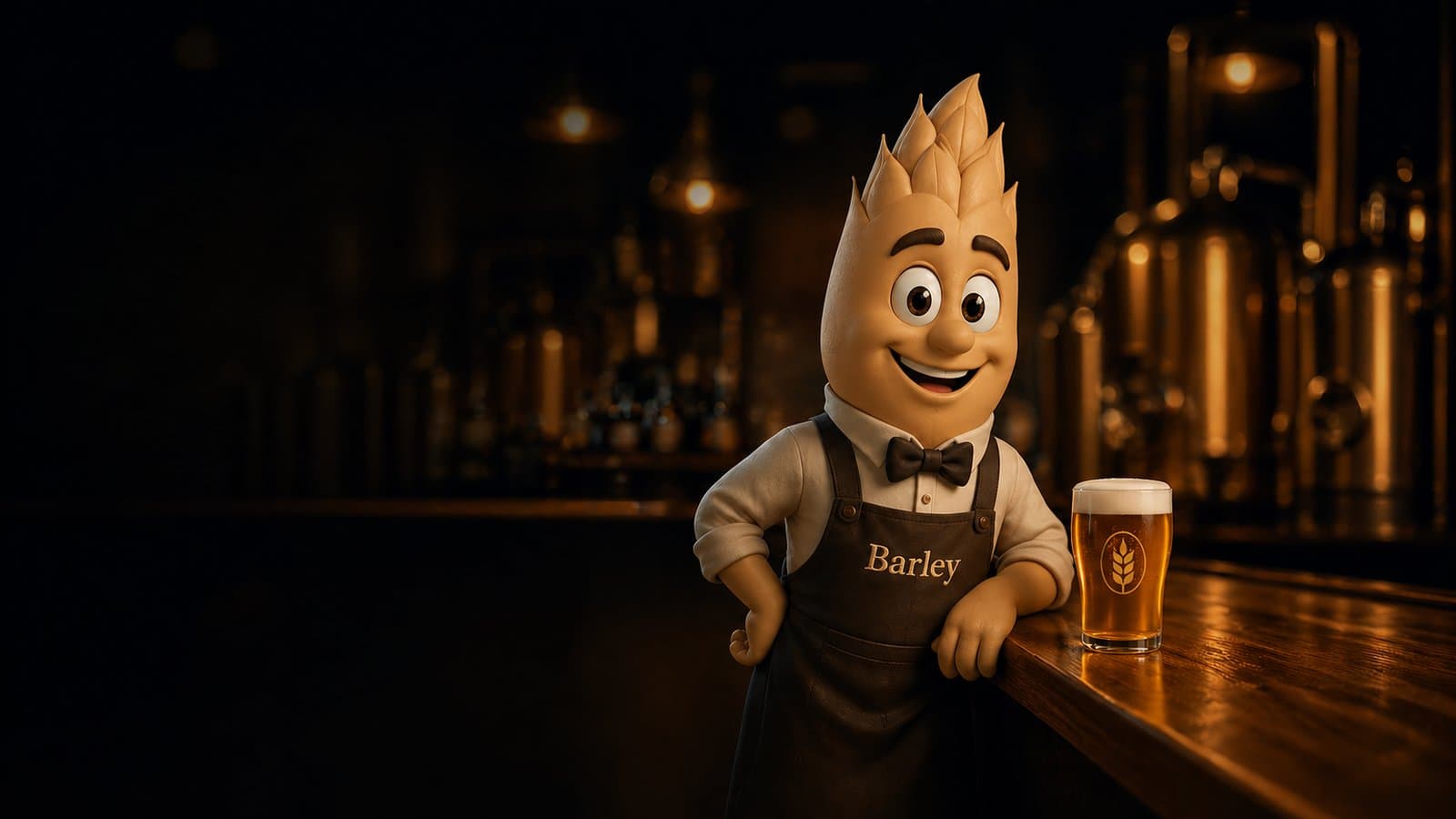 Barley, the Ai bartender mascot, leaning on a bar with a beer